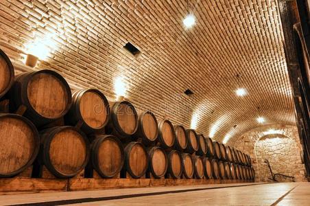 winevault地下室关于一葡萄酒酿造厂和木制的b一rrels.照片